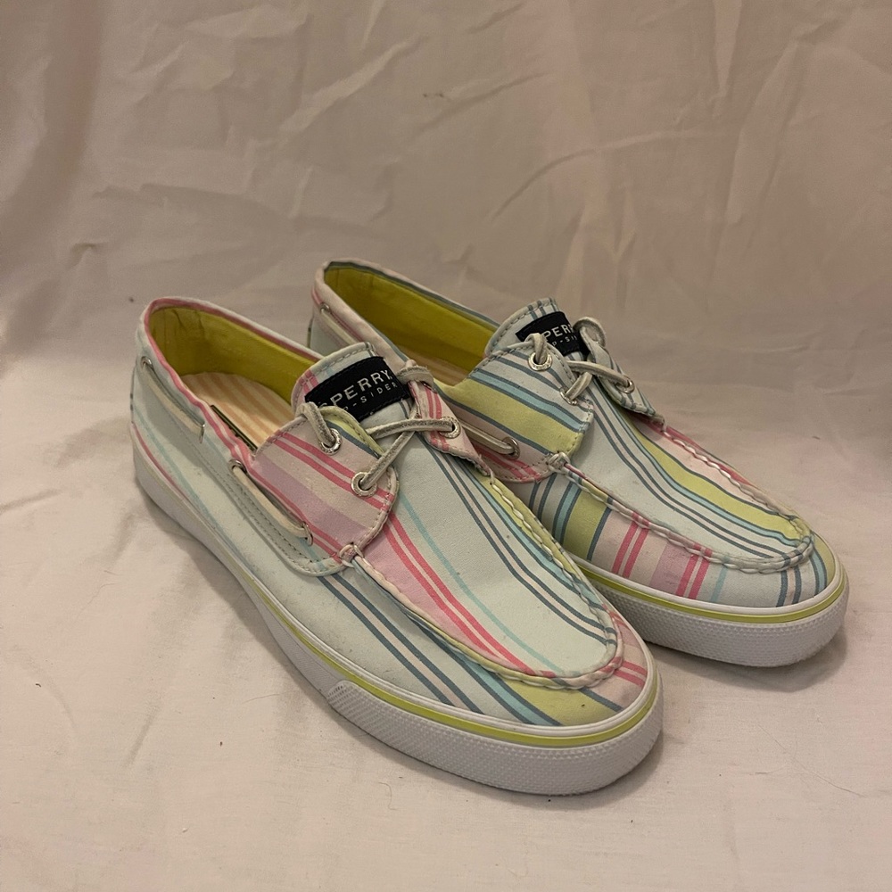 Sperry Women’s Topsider Bahama Pink/Lime Striped Boat Shoes